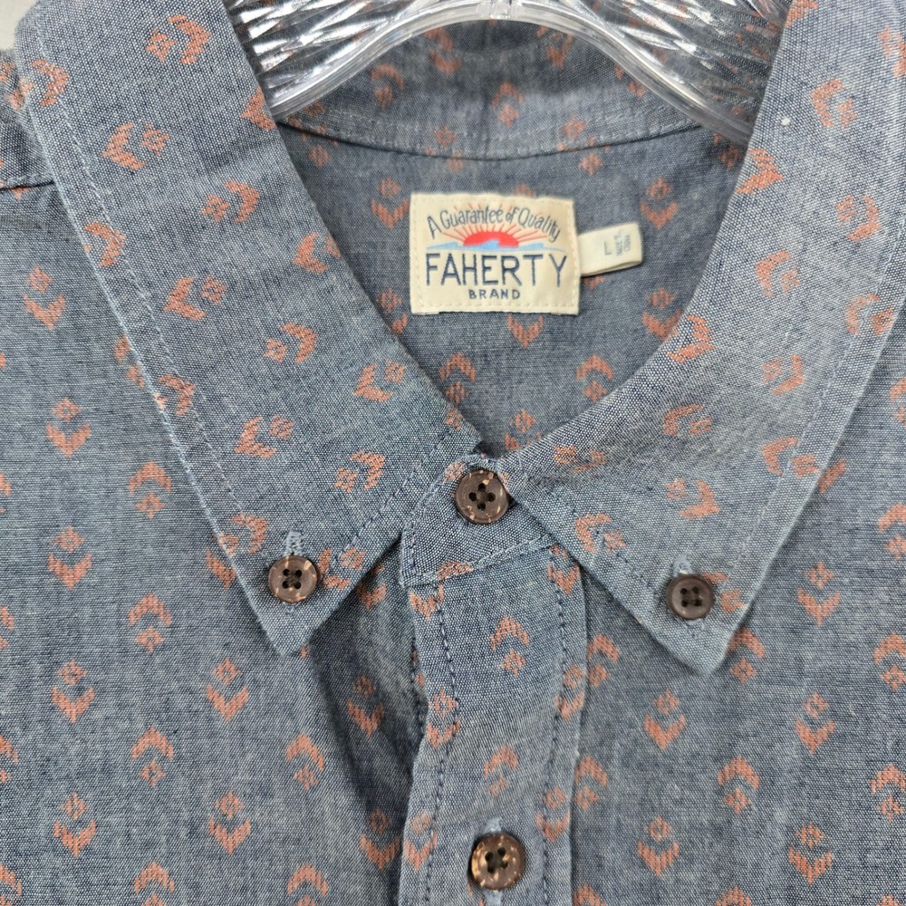 Faherty Button Down Mens Large Blue Indigo Geometric Short Sleeve Shirt - Picture 4 of 9